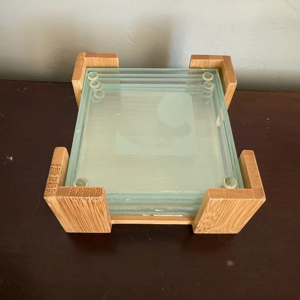 BAMBOO Glass set of 6 COASTER‎ SET by crystal & clocks 4”x4”